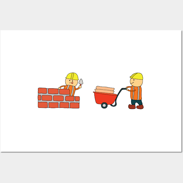 Kids drawing vector Illustration of construction workers building a brick wall and pushing wheelbarrow Wall Art by wordspotrayal